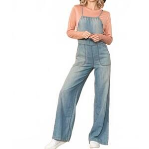 NEW ELLOH vintage washed wide leg overall jumpsuit with pockets in denim